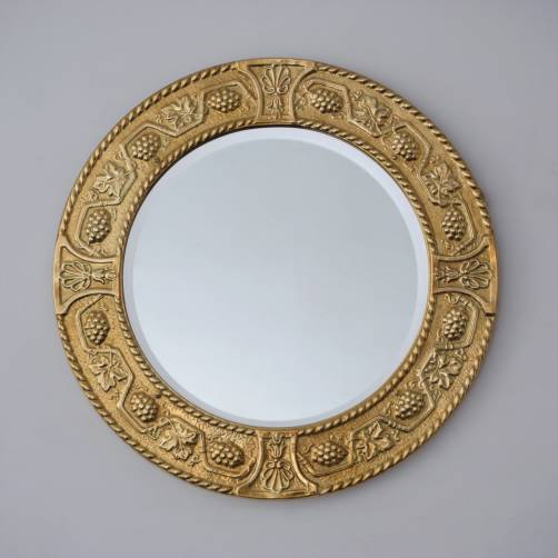 Arts & Crafts wall mirror, round, embossed brass grapes & vine leaves, 1920`s ca, English